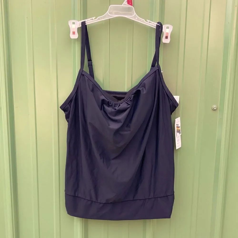 Women's Modest Solid Black Blouson Tankini Swim Top Swimsuit Bathing Suit Size S